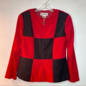 Vintage Jessica Howard Black Red Checkerboard Zip Up Jacket Blazer Size 14